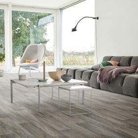 Living room, coffee table, chair, large windows, family room, grey wood flooring 