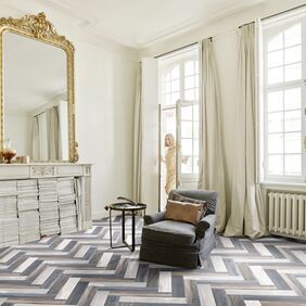 Large mirror, fireplace, designer, windows, chair 