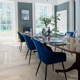 Kitchen, Wood floor, Dining Table, chairs, lampshade