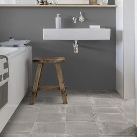 Bathroom, stool, sink, mirror, tiles, flooring 