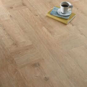 Close up of light wood effect flooring in Cashmere Oak laid in the Plank Weave deisgn. 