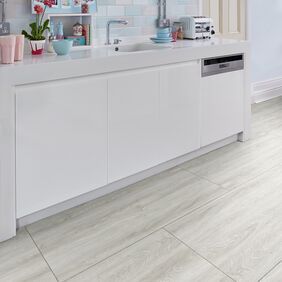 Modern white high gloss kitchen workstation with Brickwork wood tile effect, Bianco Oak inlaid with Grey Grouting Strip.