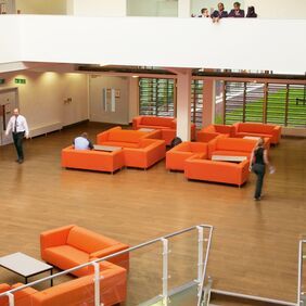 Classic oak wood effect flooring in a large open seating space with orange seating