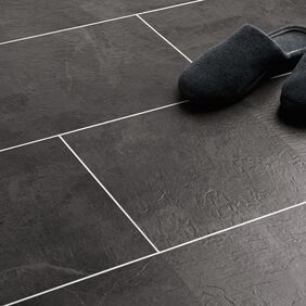 Close up of srone effect flooring in Atlantic Slate using Large square tile effect, laid brickwork with Pearl Grouting Strip.