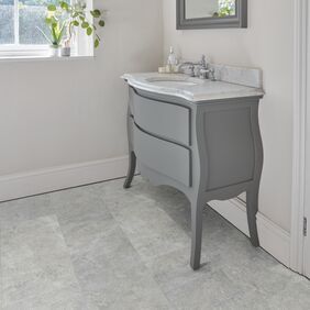 Console table, halllway, blind, window, mirror, grey cement tile flooring