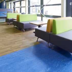 Blue homogeneous laid beside awood effect floor in a student canteen 