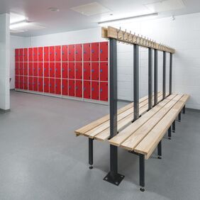 Leisure changing room with lockers and bench seating