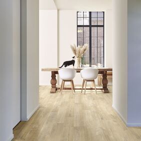 Hallway, light wood flooring, table, chairs, dining, large vase 