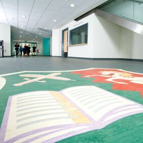 Green colour homogeneous flooring in a highschool corridor with a book Motif 