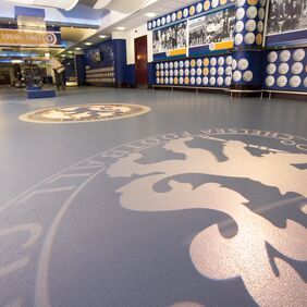Blue coloured flooring with team logo