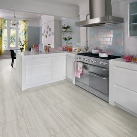 Modern white gloss open plan kitchen with Brickwork wood tile effect, inlaid with Grey Grouting Strip.