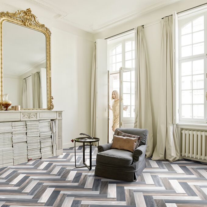 Large mirror, fireplace, designer, windows, chair 