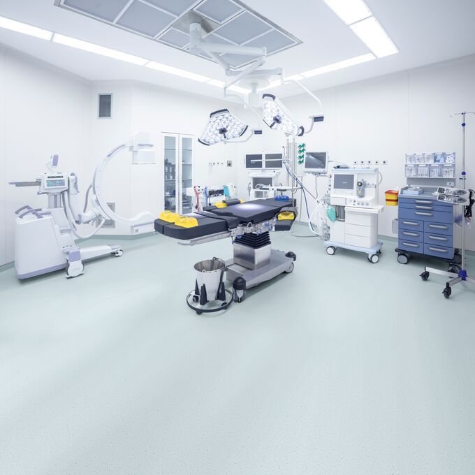 Hospital theatre with light blue coloured static dissipative flooring