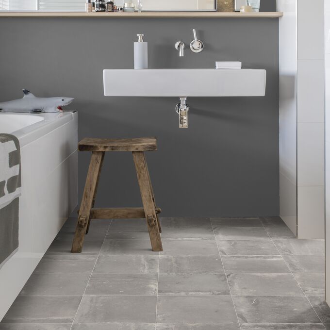 Bathroom, stool, sink, mirror, tiles, flooring 