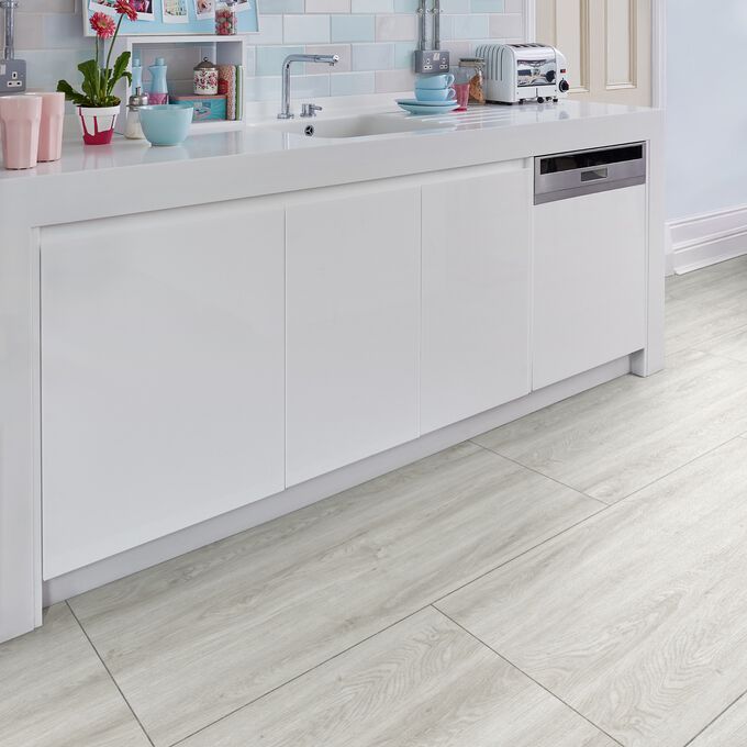 Modern white high gloss kitchen workstation with Brickwork wood tile effect, Bianco Oak inlaid with Grey Grouting Strip.