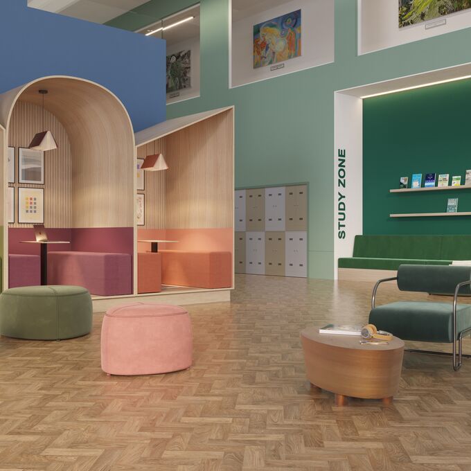 Oak effect parquet flooring in a modern learning zone