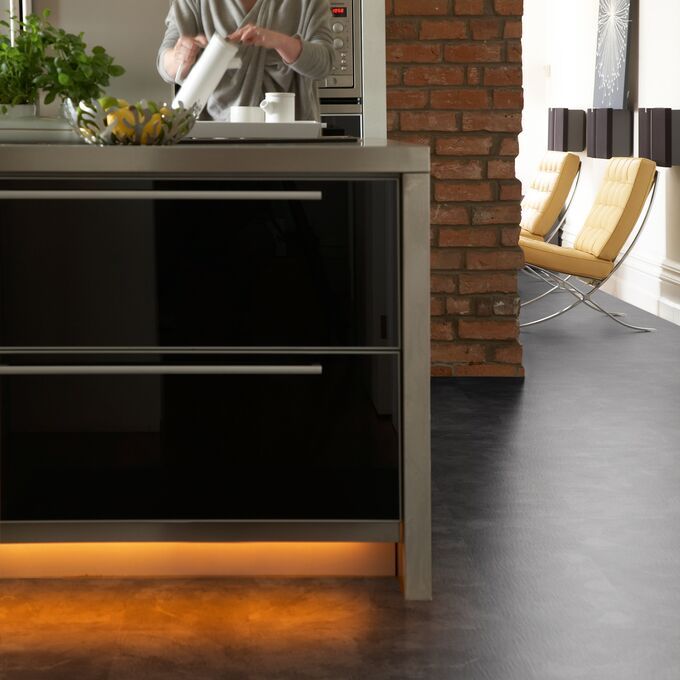 Kitchen Island, lady, cooking, dark tiles