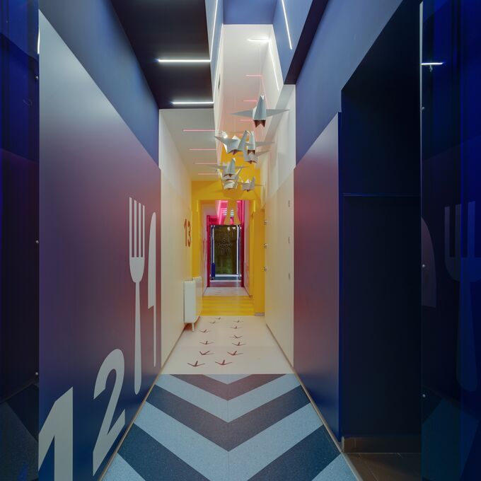 Trendy corridor with Polyflor blue flooring