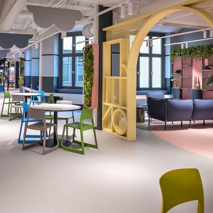 Chill out area with light grey coloured Polyflor flooring